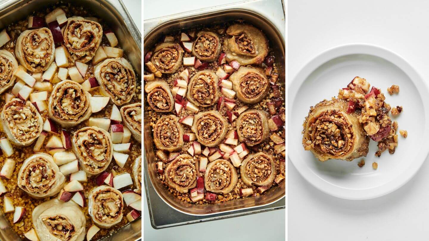 Les différentes étapes : à gauche, photo des brioches aux pommes avant la cuisson, au centre, photo des brioches après la cuisson et à droite, photo d'une brioche aux pommes dans une assiette