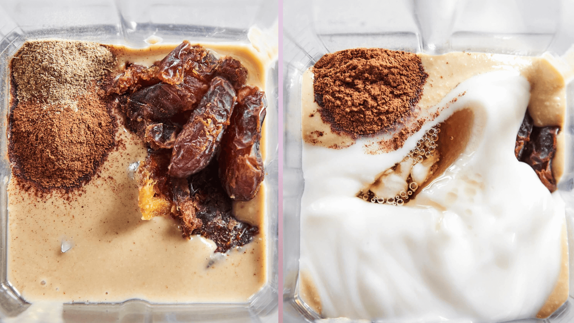 Deux photos présentant les étapes de création du yogourt à la confiture de tahini, dans un mélangeur, vu du haut 