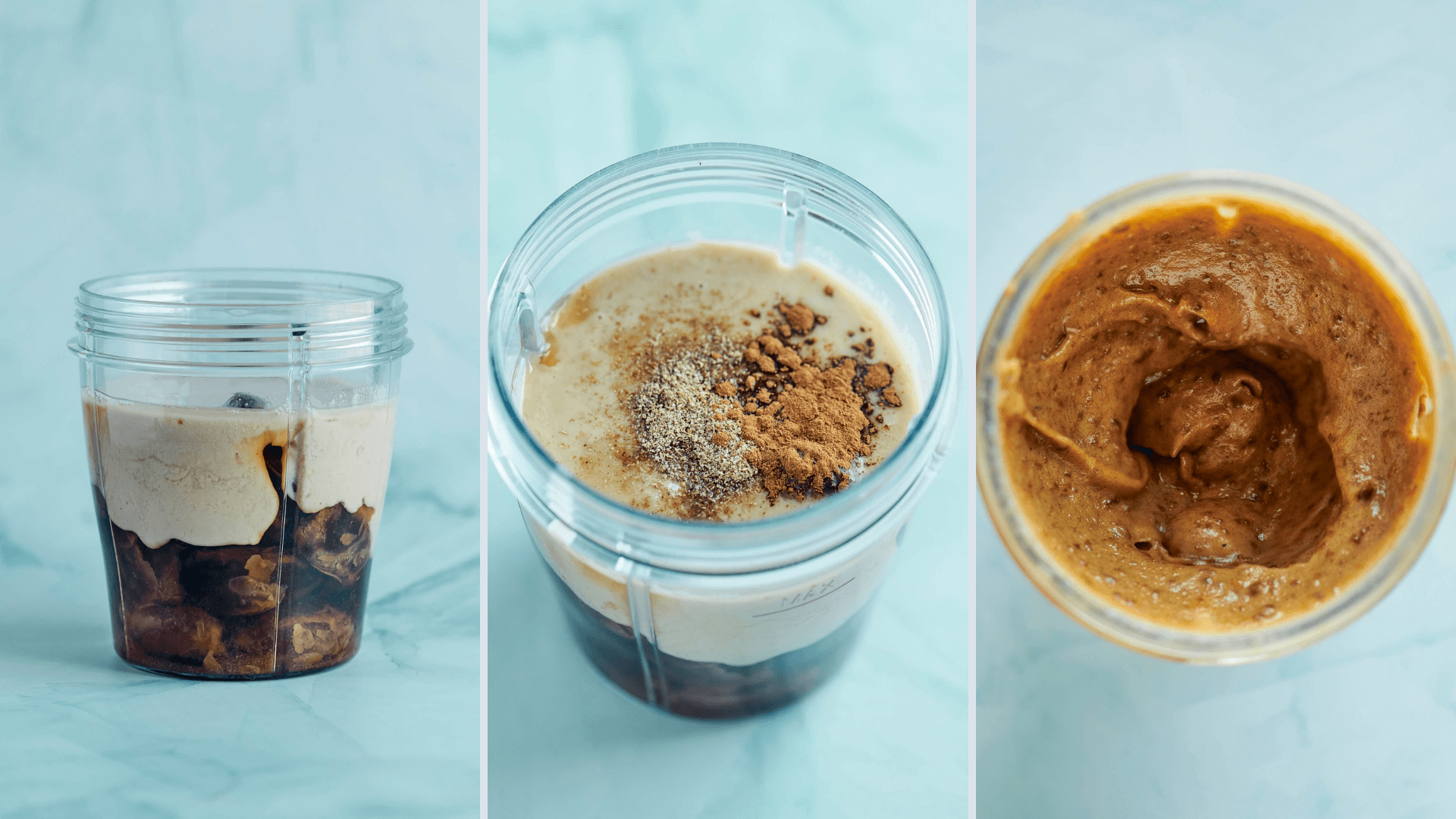 Trois photos côte à côte présentant les étapes de préparation de la confiture de tahini aux dates dans un verre