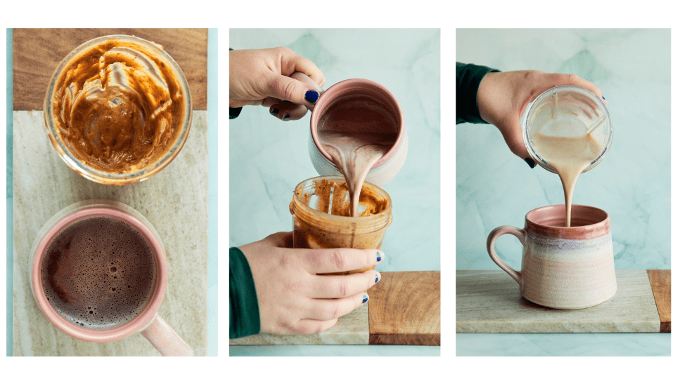 Trois photos montrant les étapes de création d'un lait chaud au tahini à partir d'un fond de pot